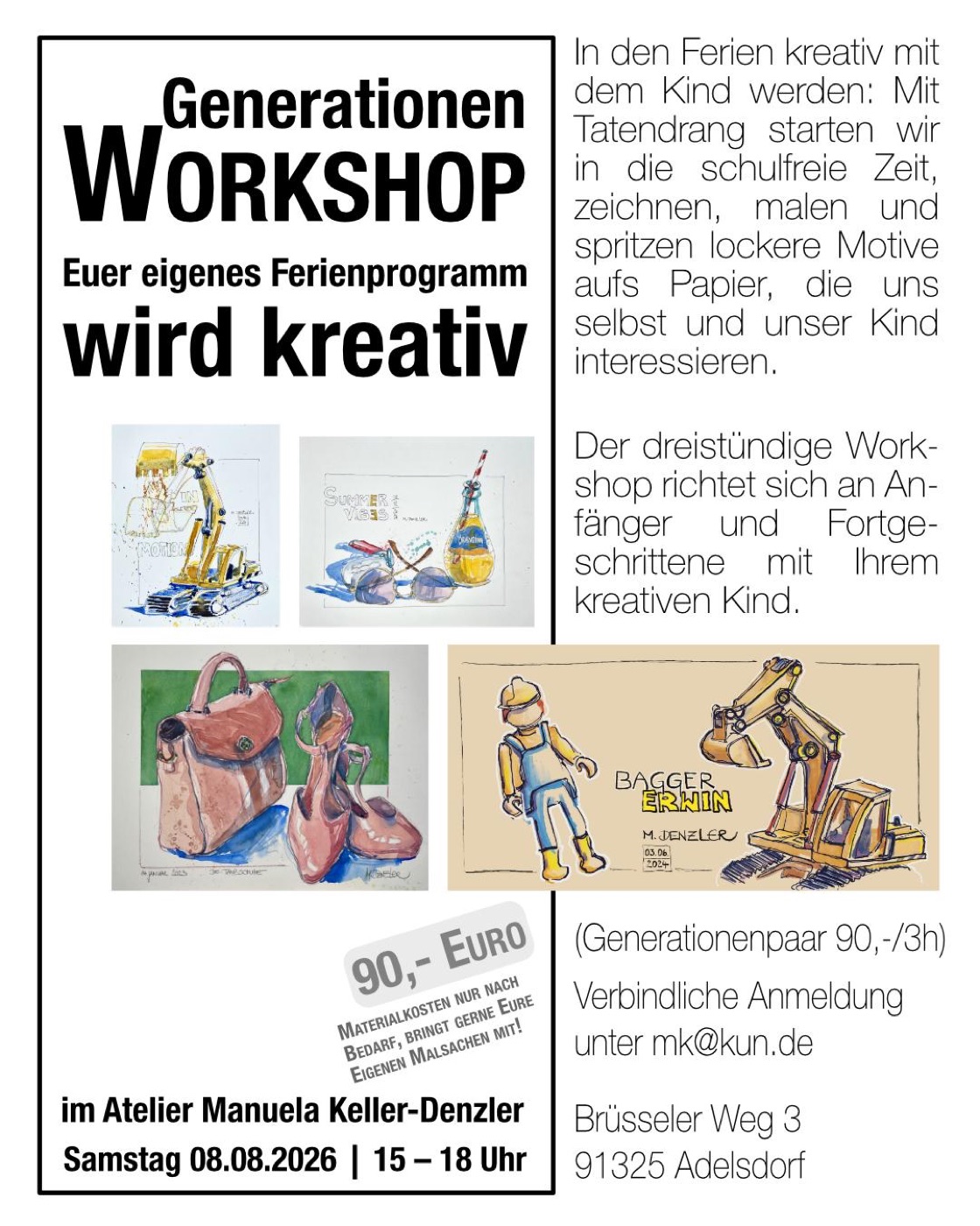 Flyer zum Generationen-Workshop mit Beispiel-Sketches – kreativ in den Ferien mit dem Kind